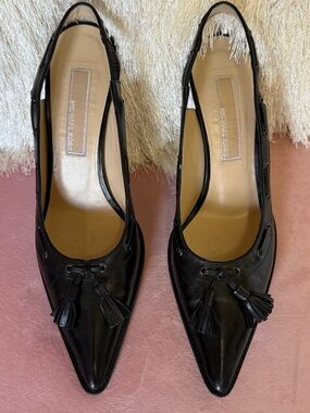 Michael Kors Black Leather Pointed Tassel Slingback Heels. Size 8